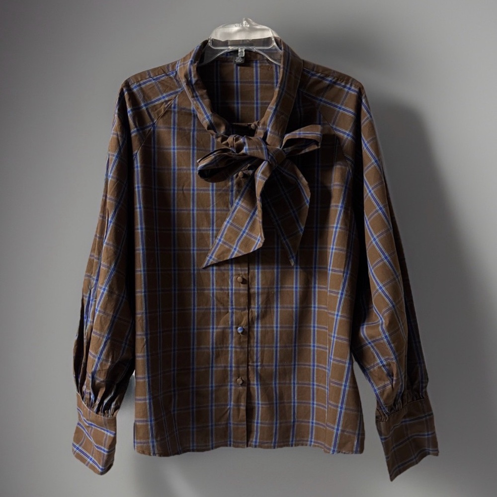 NWT Halogen Women's Blue/Brown Plaid T-Shirt V-Neck, Tie Front, Button-Up, XL